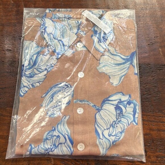 🆕 INDIGO SWIMWEAR Collard Blue Floral Tan 100% Linen Beach Coverup Shirt - Picture 4 of 6